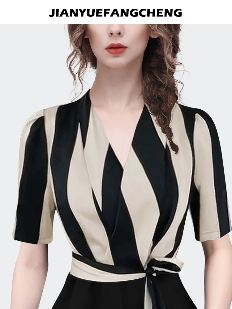 Fashion Women Short Sleeve Vertical stripe Satin Shirt 2023 Summer Tops Elegant Slim V-neck Belt Lace-up Casual Office Blouses