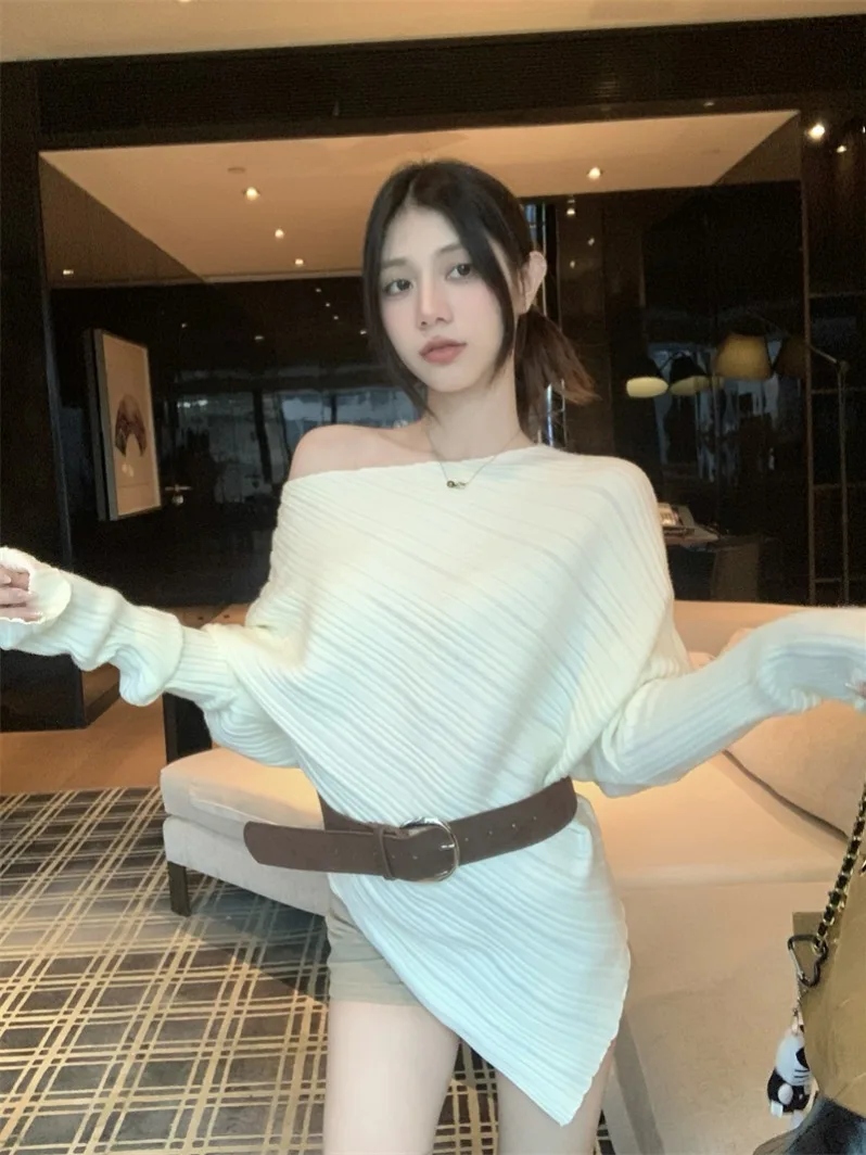 

Korean Style Soft Tones Apricot Irregular Shoulder Knitted Sweater Women's Autumn Winter Design Belted Waist Sweater Top