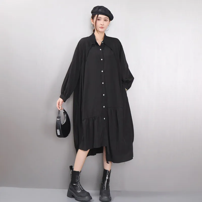 

SuperAen 2026 Spring New Korean Style Black Asymmetrical Shirt Loose Oversize Long Dress for Women Fashion Dresses