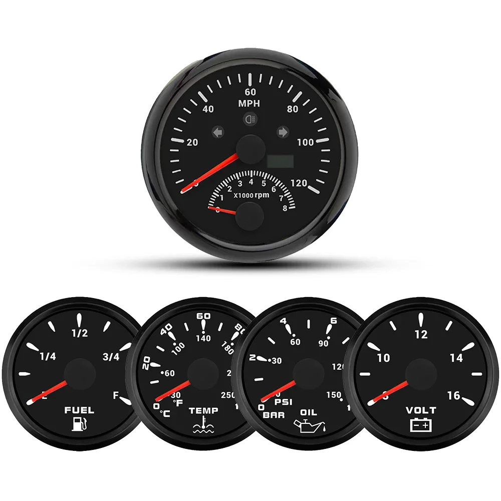 ELING 85mm Car Universal GPS Speedometer 0-120MPH with 8000RPM Tachometer + 52mm Water Temp Oil Pressure Fuel Level Voltmeter