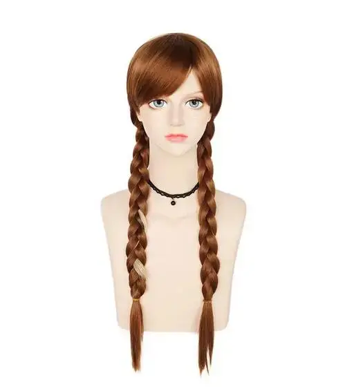 Wig Cosplay untuk wanita, Wig Cosplay cokelat untuk anak perempuan, Wig wanita kepang untuk kostum Halloween