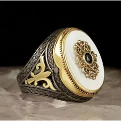 Men's White Gemstone Cocktail Exaggerated Ring Vintage Colored True Mother of Pearl Shell with Diamonds