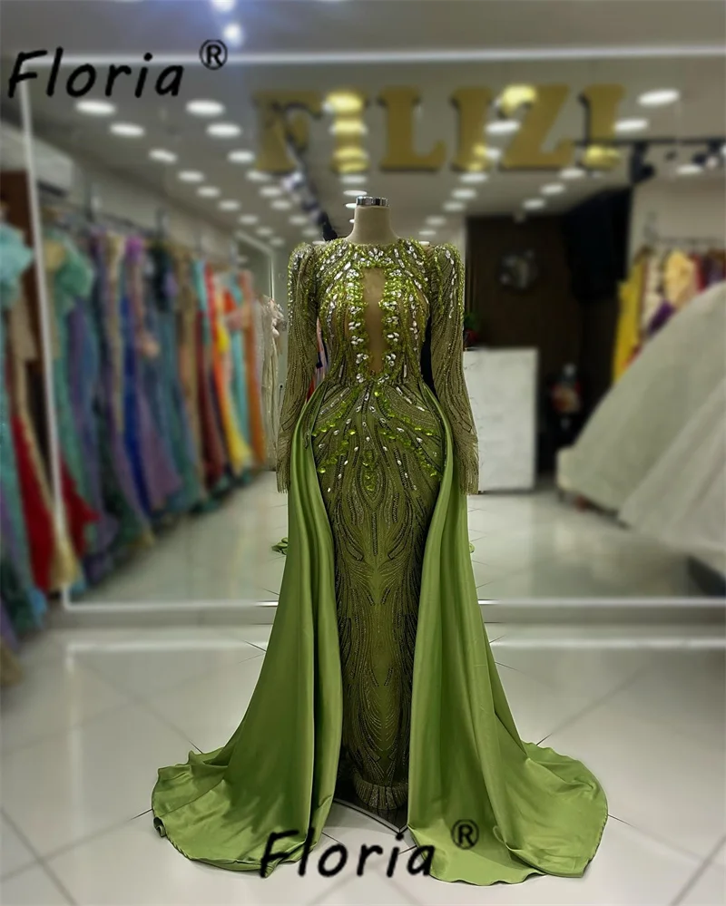 Muslimisches Dubai grünes Abendkleid mit abnehmbarem Zug Meerjungfrau formelle Gelegenheit Kleider schwere handgemachte Perlen Kristall Robe de Soire