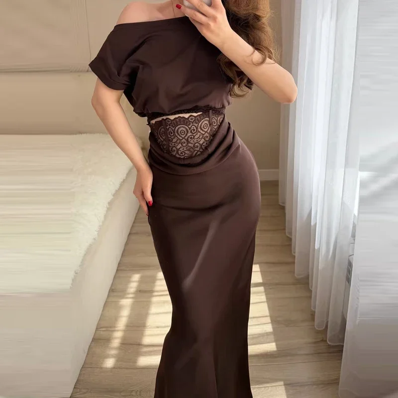 Lace Patchwork Elegant Fishtail Outfits Women Fashion Solid Satin 2Pc Suits Sexy Diagonal Collar Waisted Crop Top & Skirts Sets