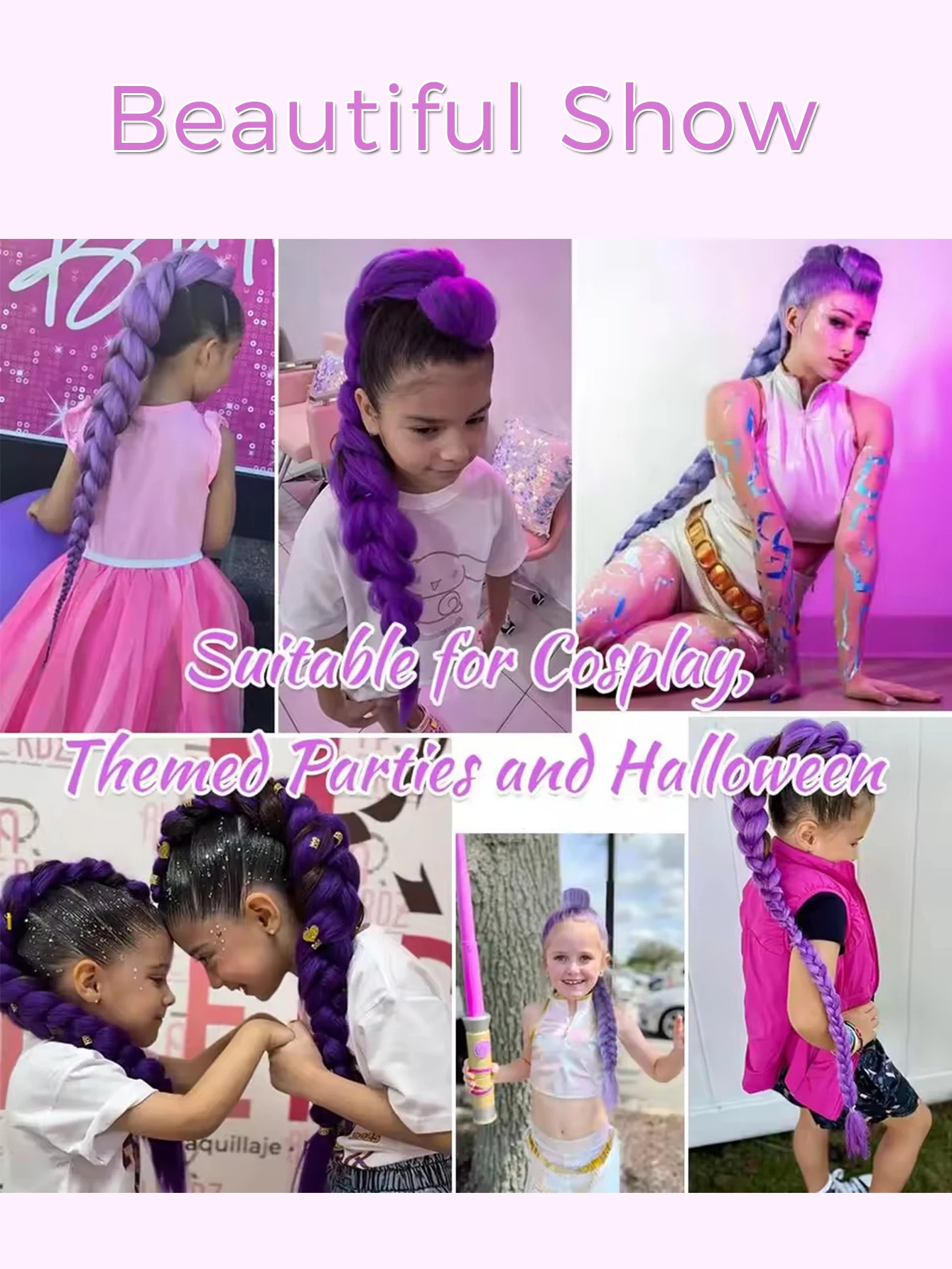 ذيل حصان صناعي طويل 26 بوصة مع مشابك شعر أرجواني مضفر ذيل حصان رومي زي تصفيفة الشعر للأطفال البنات عيد الهالوين #6