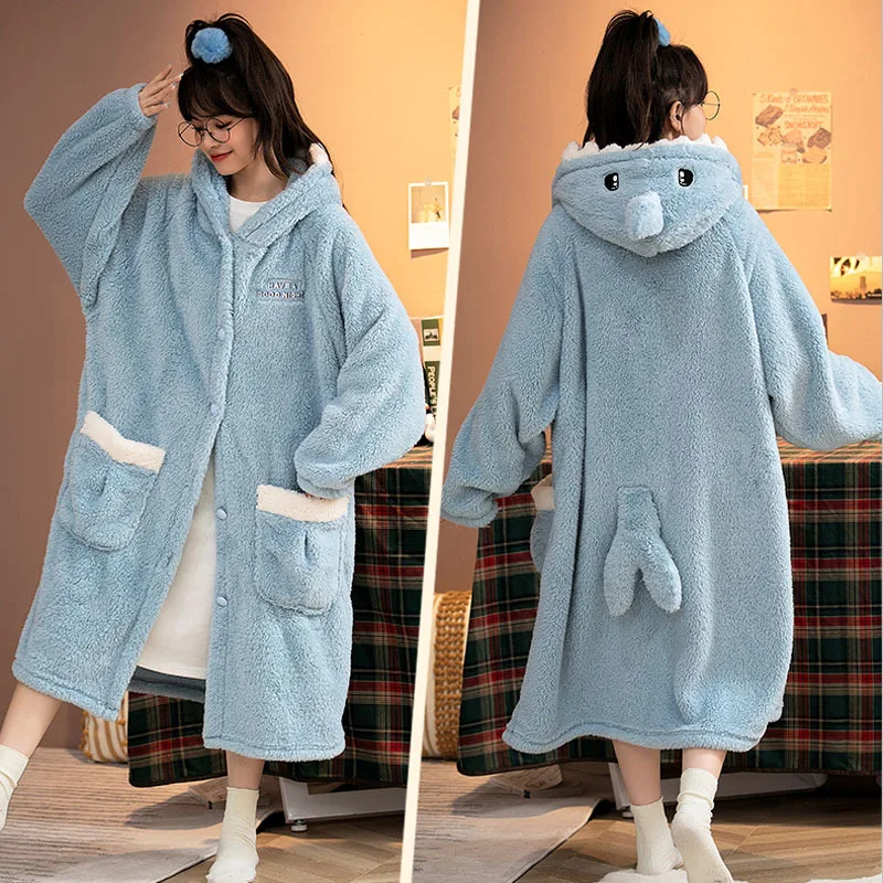 Winter Thicken Warm Nightgown For Women Shark Cosplay Hooded Nightdress Cartoon Pajamas Female Long Sleeve Flannel Robe Homewear