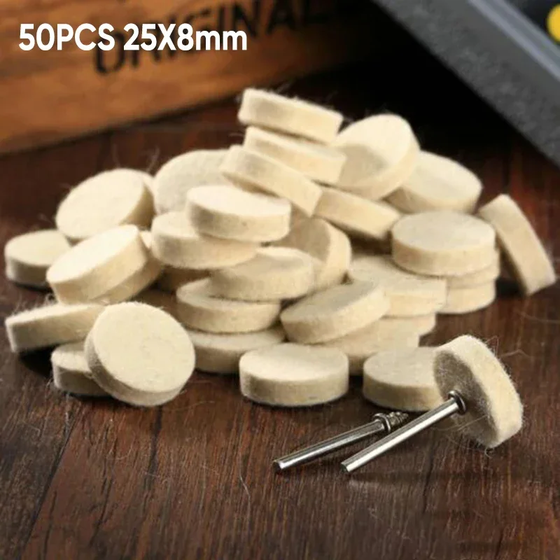 50Pcs 25mm Wool Felt Polishing Buffing Pad Round Wheel+2x Mandrel For Rotary Tool