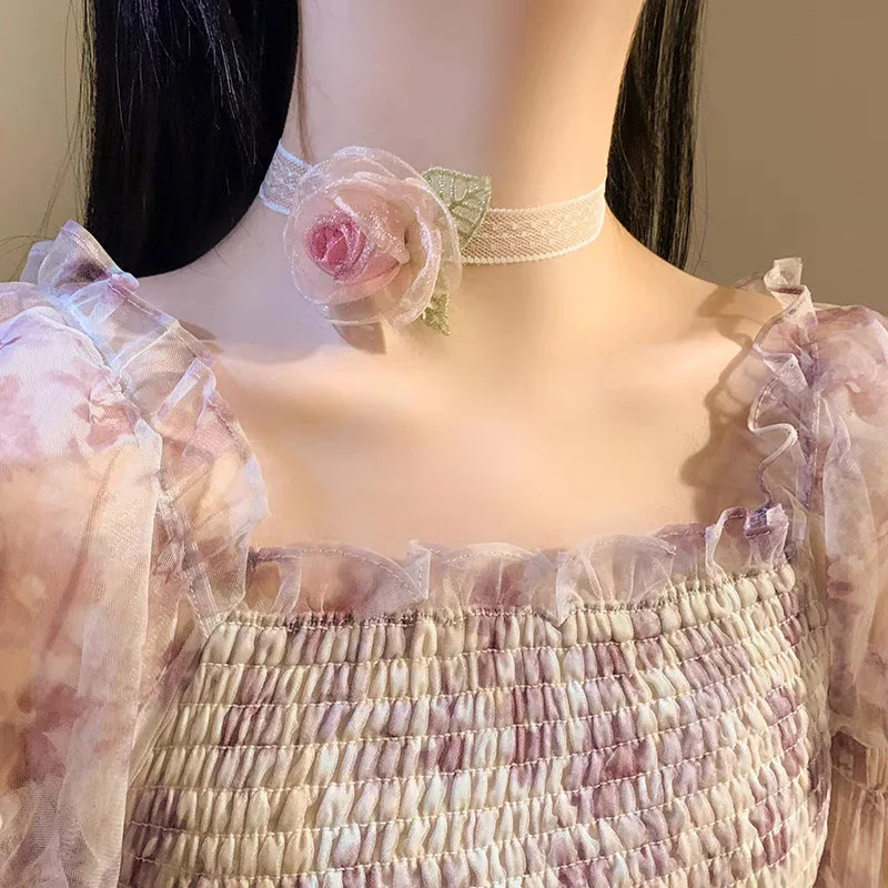 قلادة بتلات الورد الوردي الجنية للنساء ، رقبة الترقوة ، سلسلة طويلة ، قلادة زهور مثيرة ، إكسسوارات مجوهرات للسيدات ، هدية للفتيات ، دانتيل #2