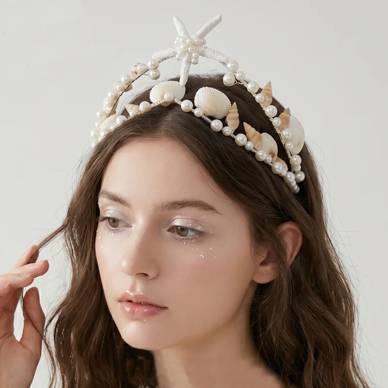 Summer Seashell Pearl Crown Headband Beach Vacation Starfish Conch Hairband Headdress Mermaid Princess Hair Accessories Headwear
