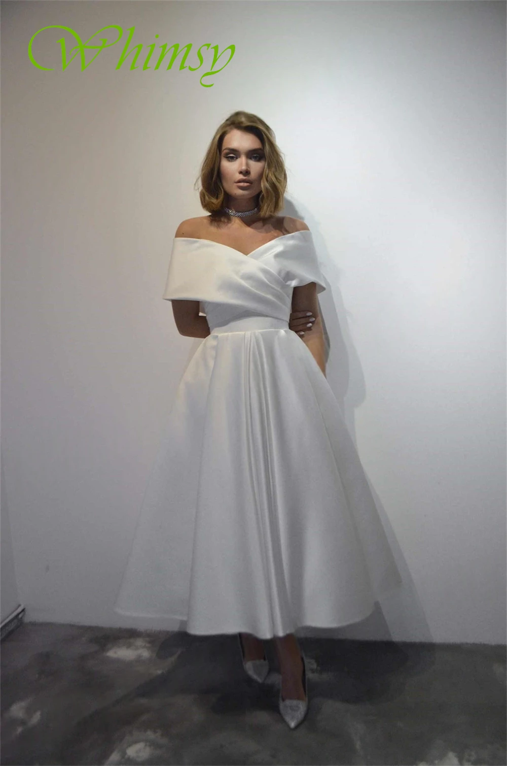 Customized Formal Satin V-Neck Evening Dress Delicate Off the Shoulder Prom Dresses Formal Short Sleeves Special Occasion Gowns