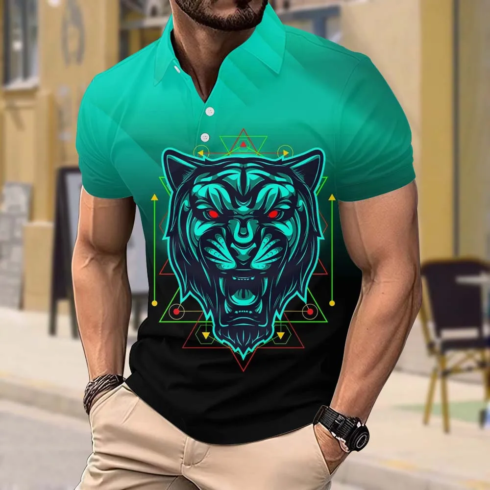 Men's Black Polo Shirt New Lion Head 3d Printed Short-sleeved Top Golf Sports Quick-drying Polo Casual Large Size Men's Clothing