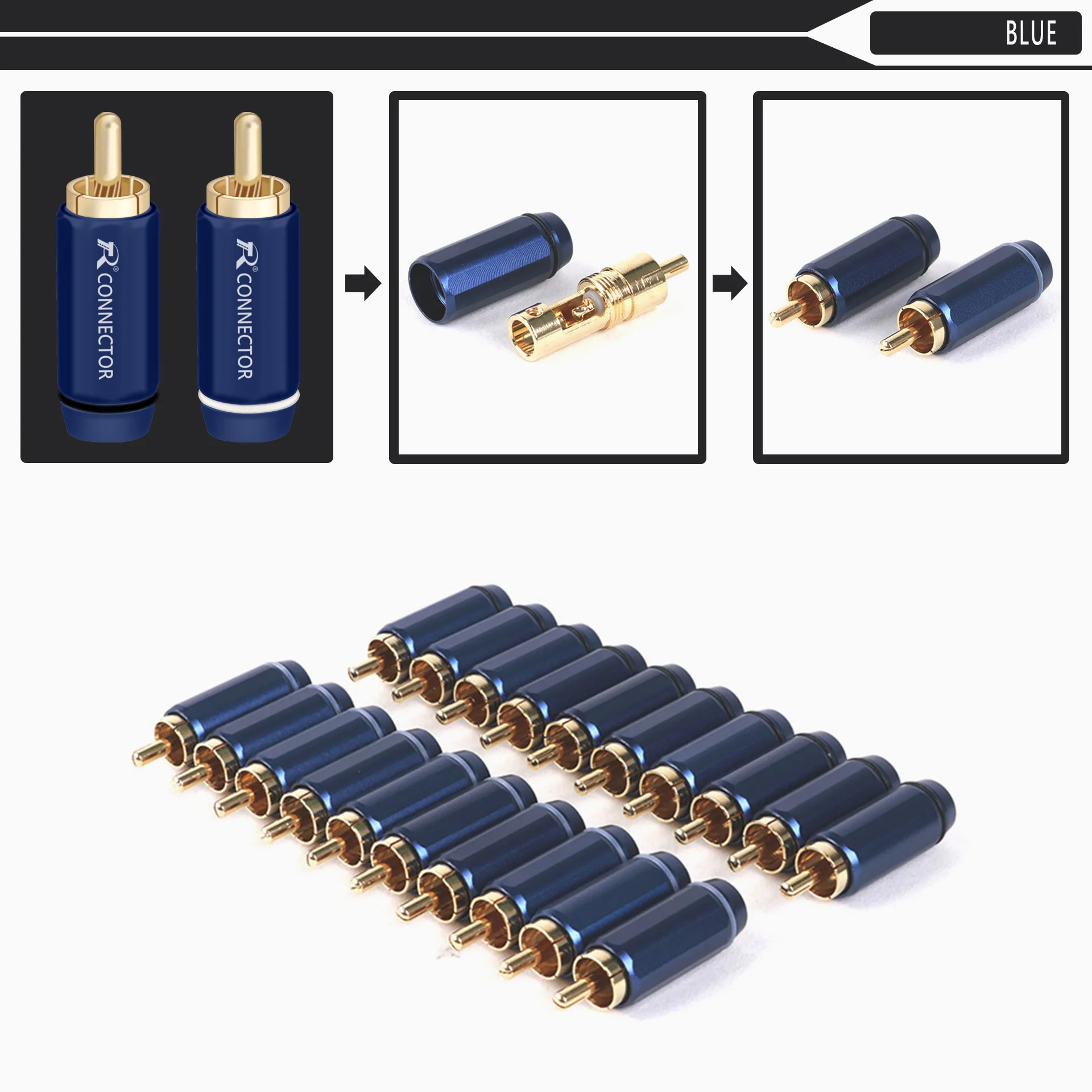 1Pair Gold Plated Plug RCA Male Connector, Support Cable Up to 6mm,RCA HIFI Terminal Phono Connector