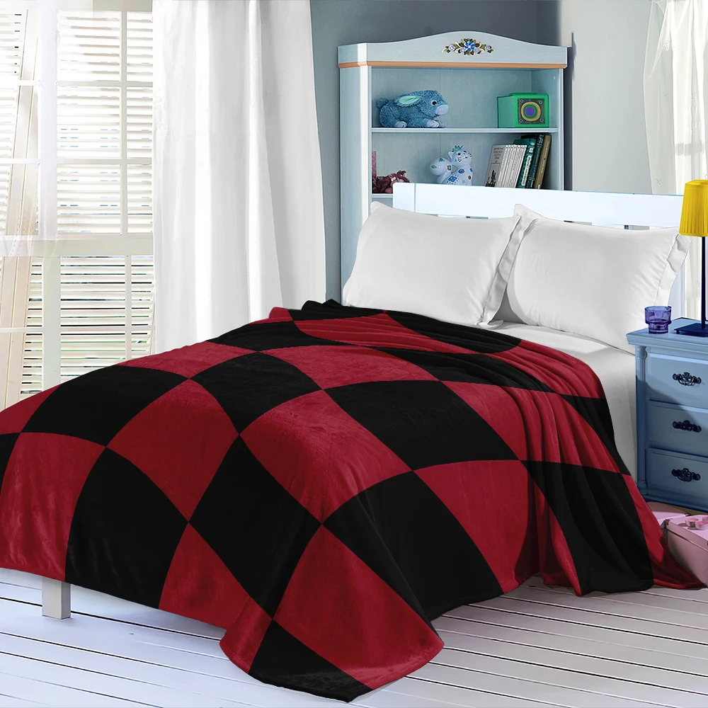 Black Red Warped Checker Warm Flannel Fleece Blanket Thick Soft Cozy Throw Blanket for Winter Bed Couch Plush Bedspread