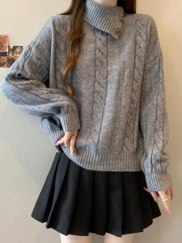 

Элегантный вязаный свитер с высоким воротом для женщин, осень 2025, большие размеры, пушистый, с длинными рукавами, стандартный крой, мягкий, в корейском стиле, топ