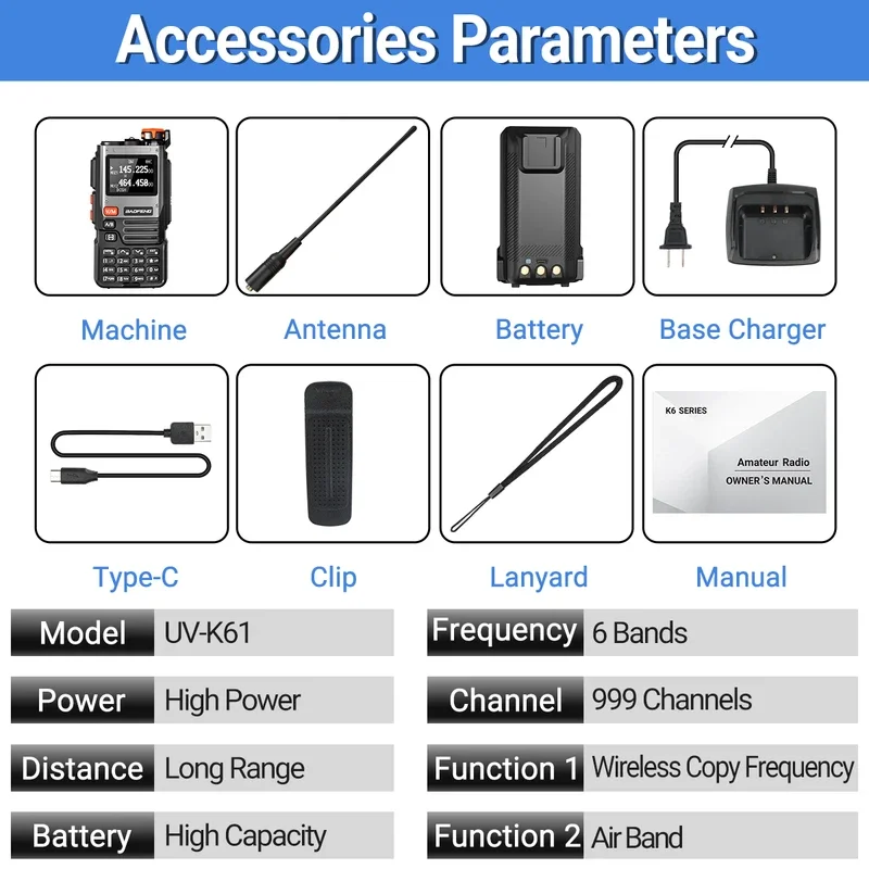 Baofeng UV-K61 Walkie Talkie Kablosuz Kopya Frekansı Hava Bandı FM Radyo TYPE-C Şarj Cihazı NOAA UV-5R UV-K6 UV-K58 İki Yönlü Amatör Radyo