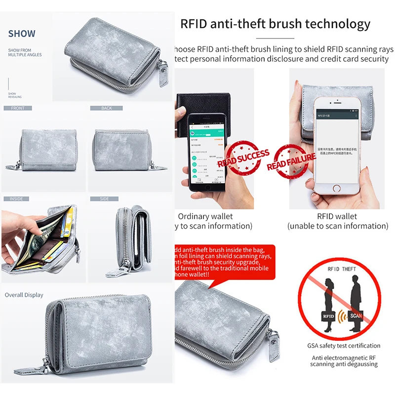 여성용 소가죽 짧은 지갑, RFID 차단 단추, 대용량 가죽 카드홀더 지갑, 동전 지갑