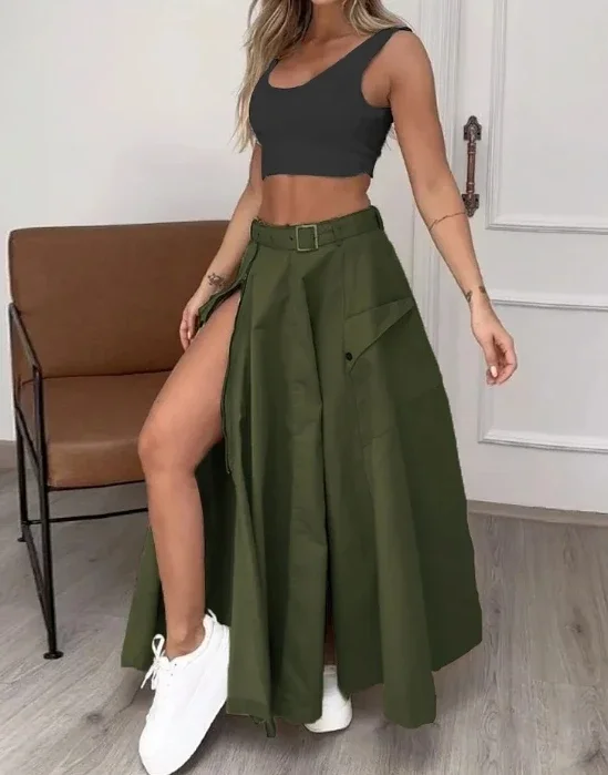 

Women's Skirt Set Sleeveless Solid Split Two Piece Set 2024 Early Spring Commuting Style Sleeveless Zipper Medium Length Skirt