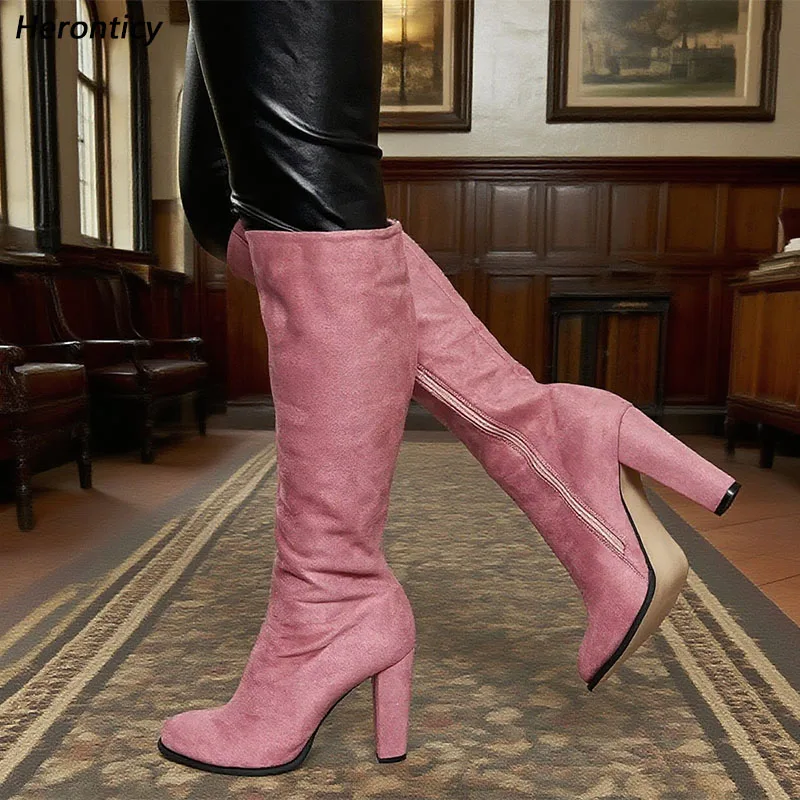 

Heronticy Handmade Women Winter Knee Boots Side Zipper Block Heels Round Toe Gorgeous Pink Red Shoes Ladies US Plus Size 5-20