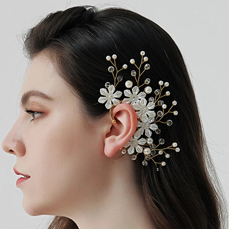 Handmade Leaf Flower Clip On Earrings for Women Accessories Gold Color Fashion Pearl Crystal Earring Party Jewelry Prom Gift