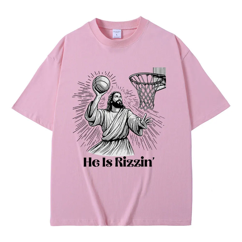 Funny Baskerball Jesus Meme T Shirt He Is Rizzin Christian Easter T-shirt Men Casual 100% Cotton Oversized Tee Shirt Streetwear