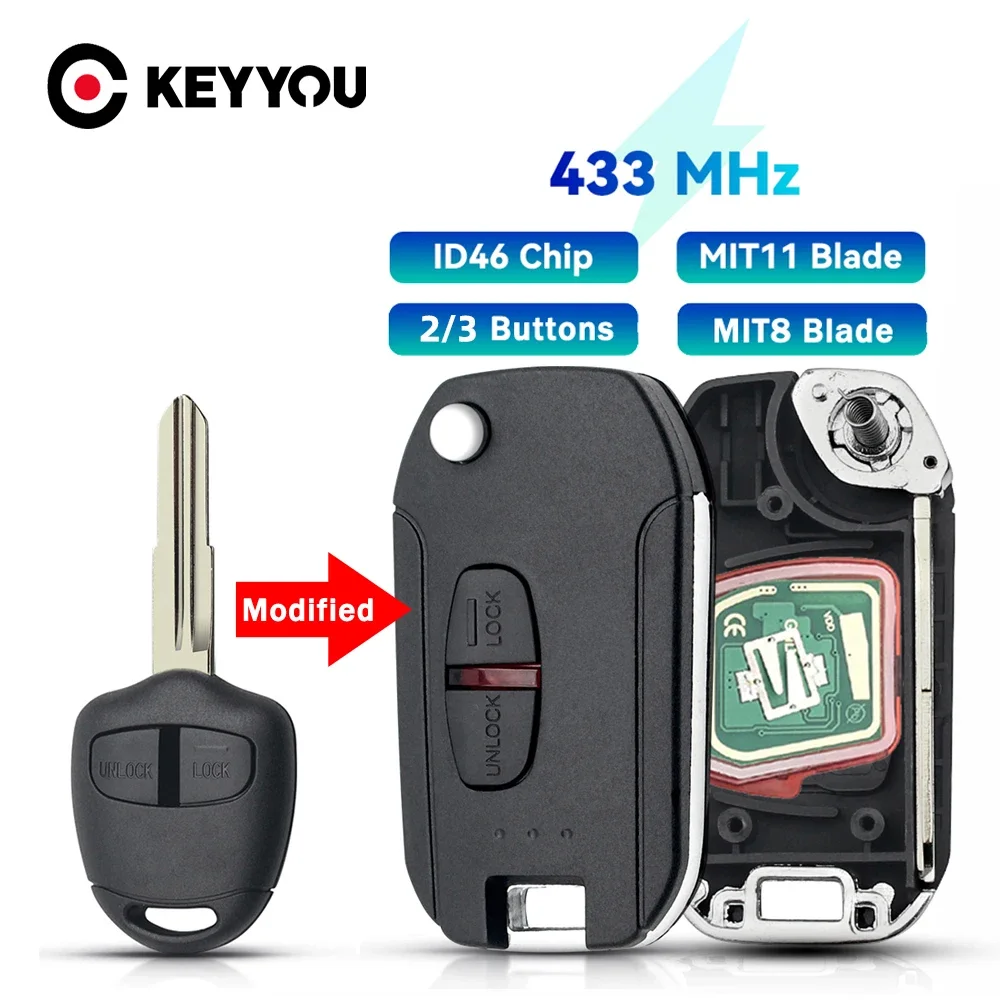 KEYYOU 2/3 pulsanti 433 MHz ID46 Chip MIT11 MIT8 lama non tagliata chiave per auto remota adatta per Mitsubishi Outlander Lancer EVO Colt Mirage