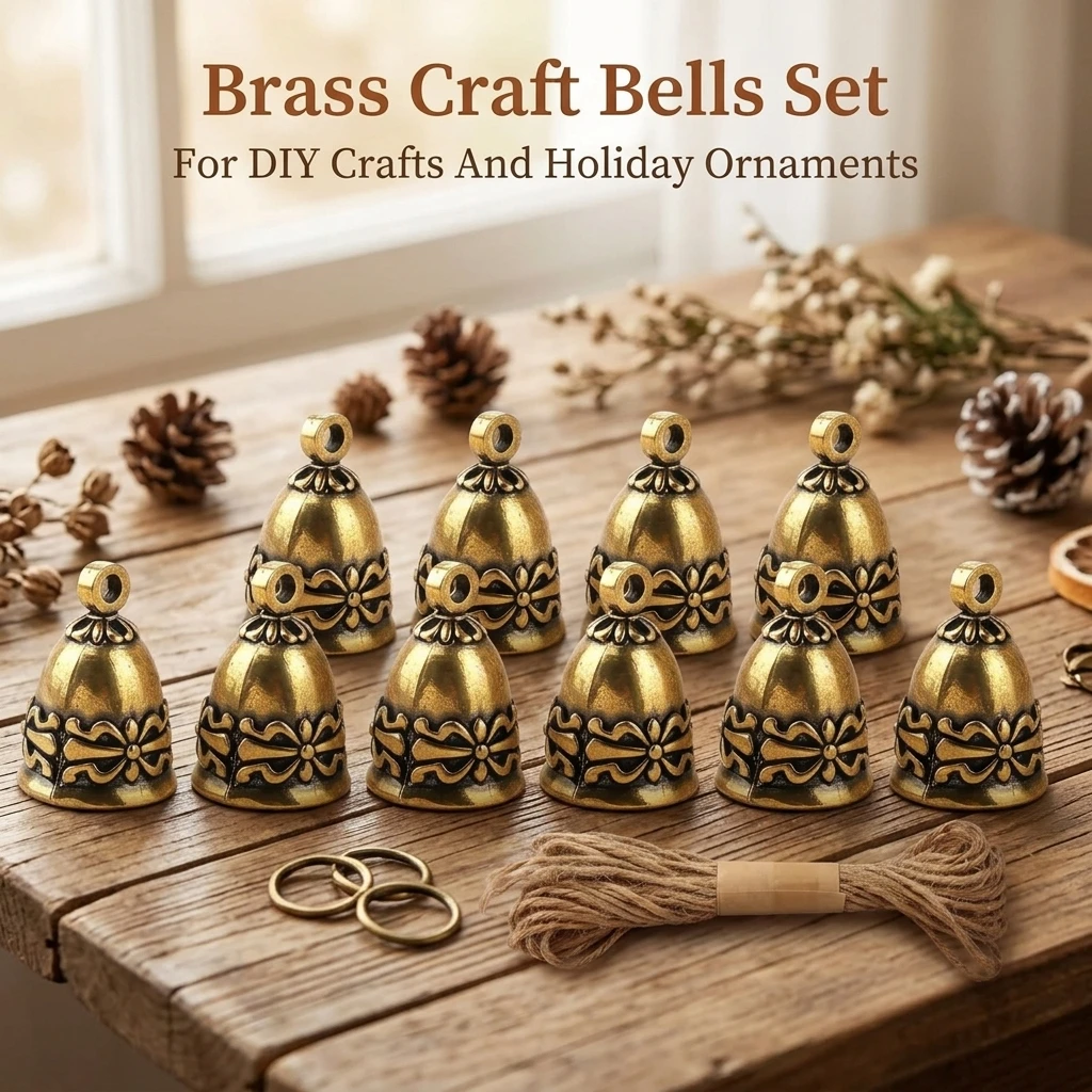 10 Pack Brass Bells Polished Metal Charms for DIY Crafts, Pet Collars, Home Decor, Holiday Ornaments with Jute Rope, Durable