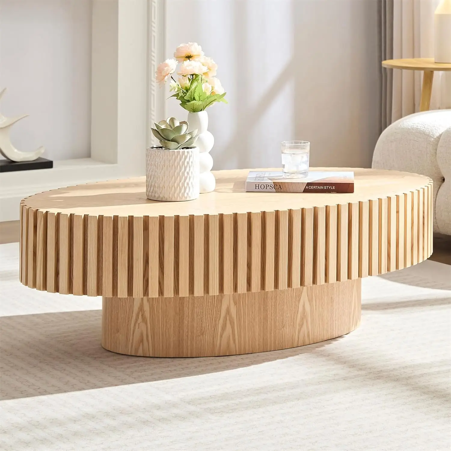 Oval Drum Coffee Table Handcrafted Relief Sturdy Pedestal Wooden Olive-Shaped Tea Table for Living Room,Natural Ash