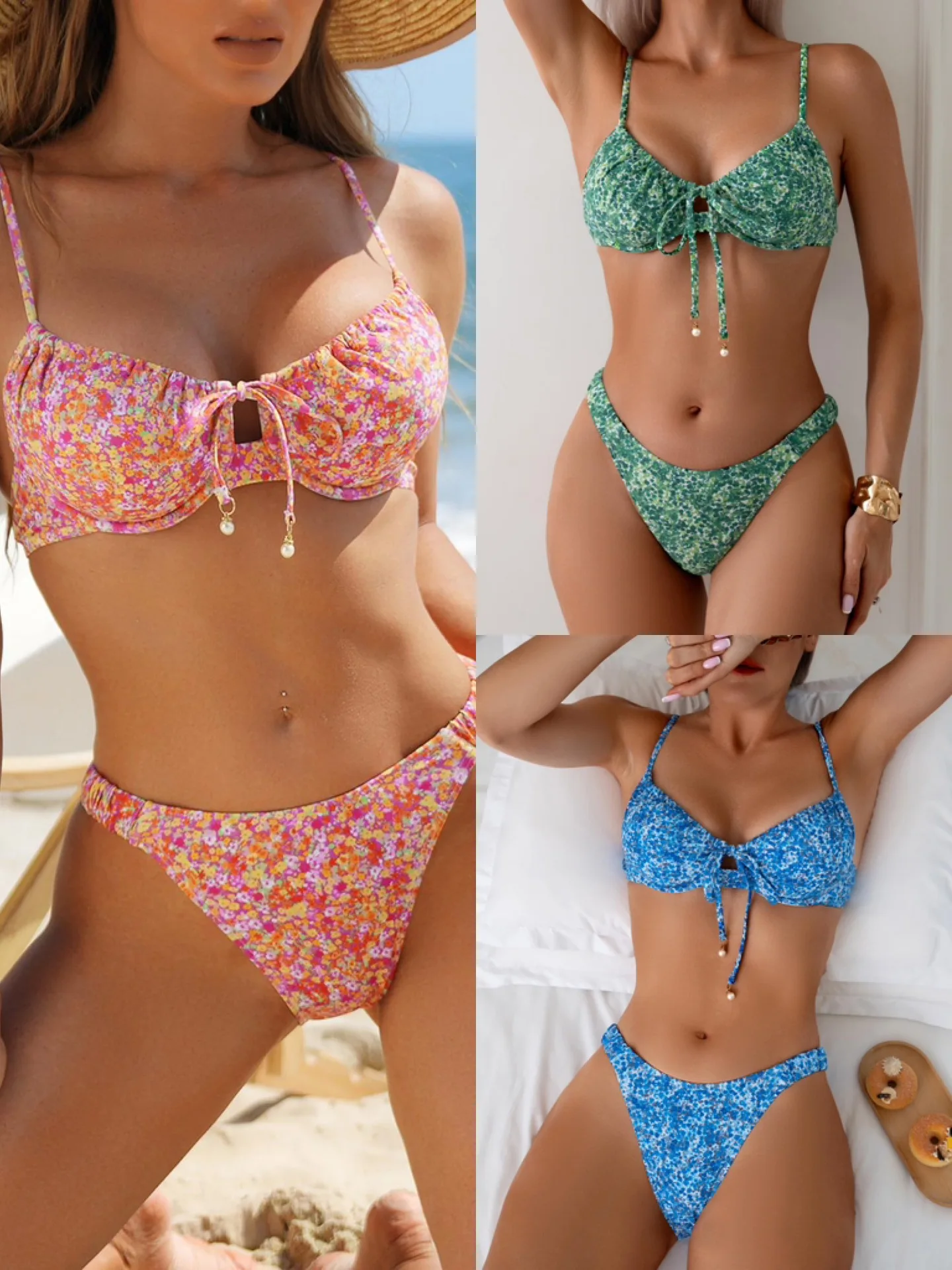 

2025 European and American new popular printed steel ring bikini set three-point bikini beach vacation cross-border swimming