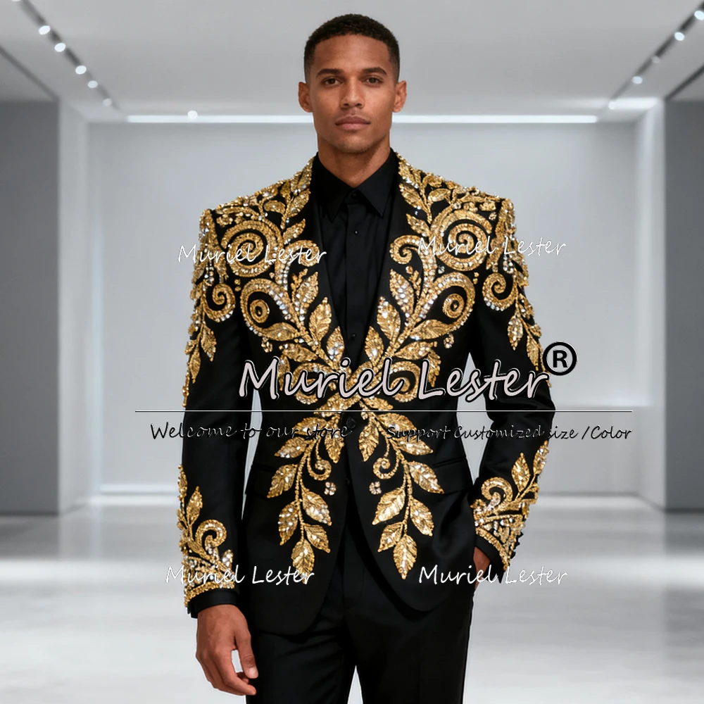 

Роскошные мужские костюмы со стразами и бисером, комплект из 2 предметов, свадебные смокинги для жениха, индивидуальные мужские пиджаки для выступлений на сцене, костюм Homme