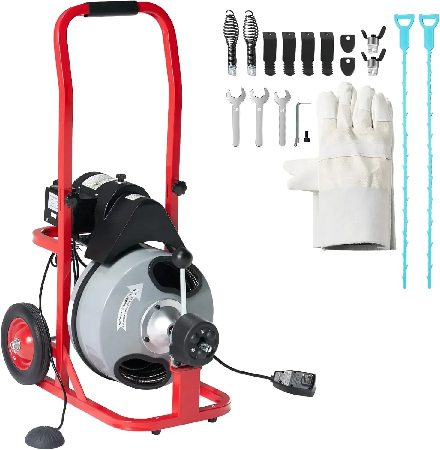 100 FT x 1/2 inch Electric Drain Cleaner Machine with Auto-Feed & 10 Cutters, Sewer Snake Auger for 1–4 Inch Pipes, Foot Switch