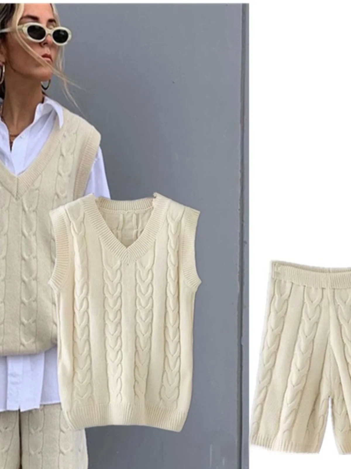 

Шикарный вязаный жилет с V-образным вырезом и свободный комплект с витыми ортами, модные блоггеры, трикотаж для женщин, коллекция осени 2024 года