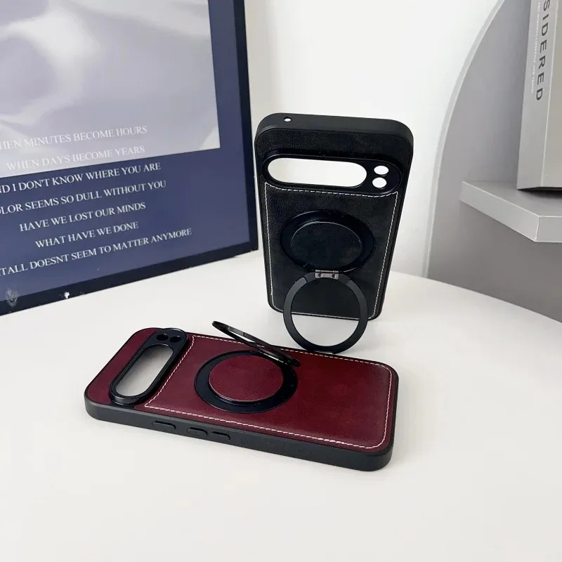 نسيج جلدي مغناطيسي 360 ° حافظة حامل دوارة لهاتف Google Pixel 10 9 8 Pro XL 9A 8A غطاء حماية للشحن اللاسلكي المقاوم للصدمات