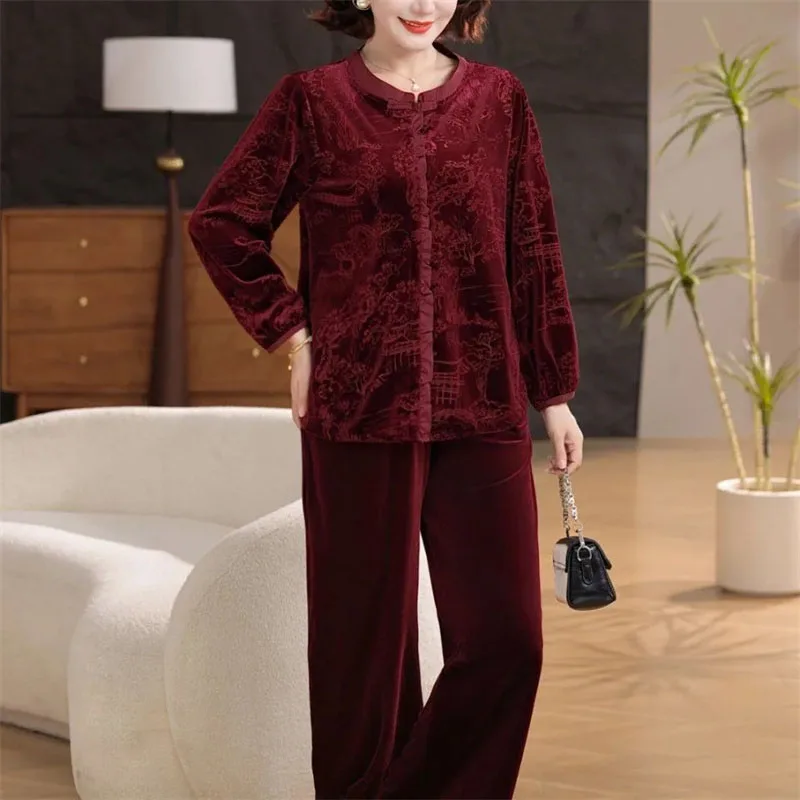 

Autumn Female Long Sleeved Pants 2PCS Middle Aged Mother Golden Velvet Tops Pants Set Korean Women Large Size 7XL Two Piece Set