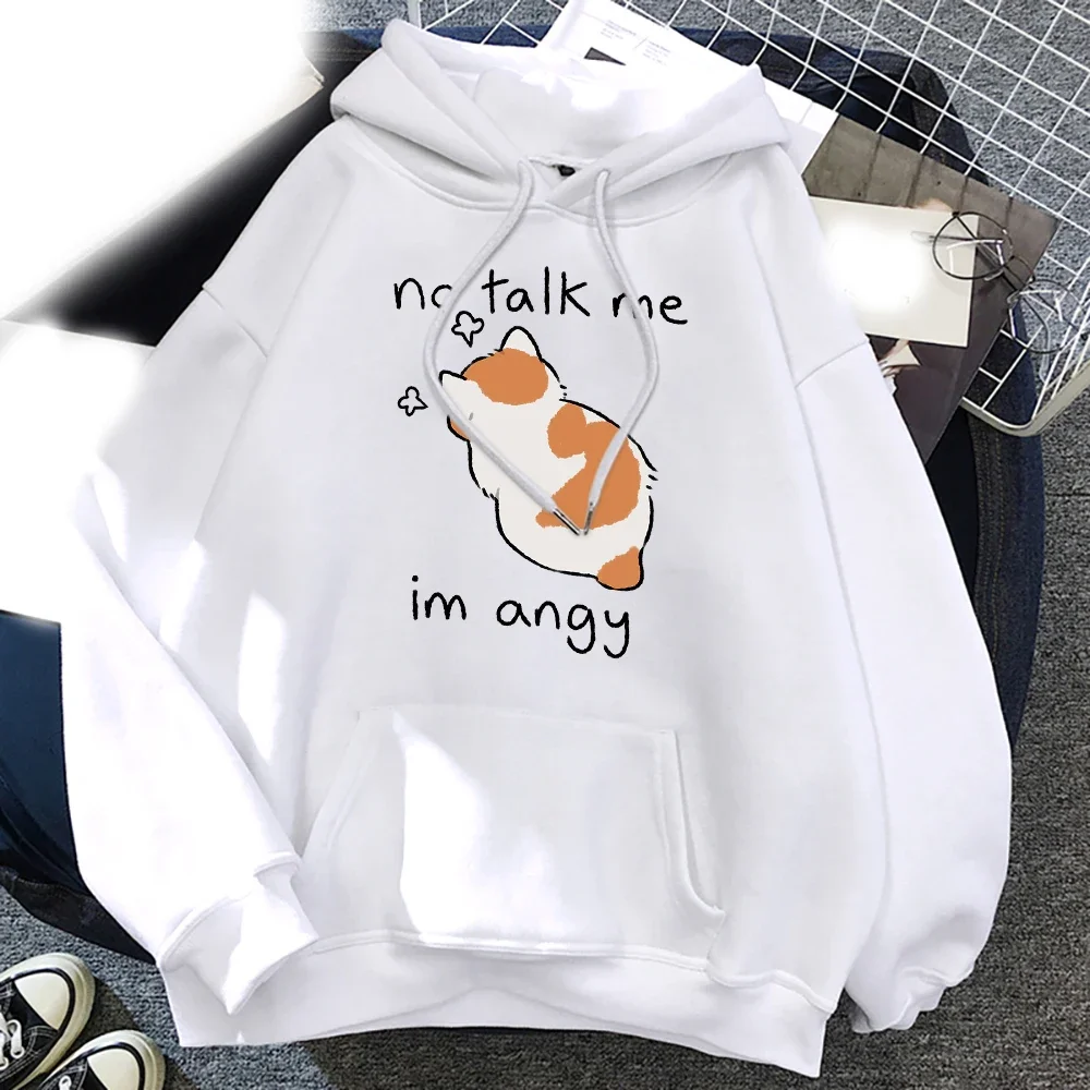 Funny Cartoon Hoodies No Talk Me Cute Angry Cat Printed Women \'s Sweatshirts Fashion Hooded Pullovers Unisex Hoodie Clothing Top