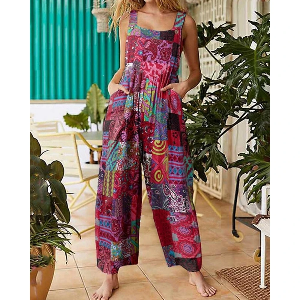 

Vintage Paisley Print Wide Strap Jumpsuits with Pocket Ruched Wide Leg Jumpsuits Summer Jumpsuits Women