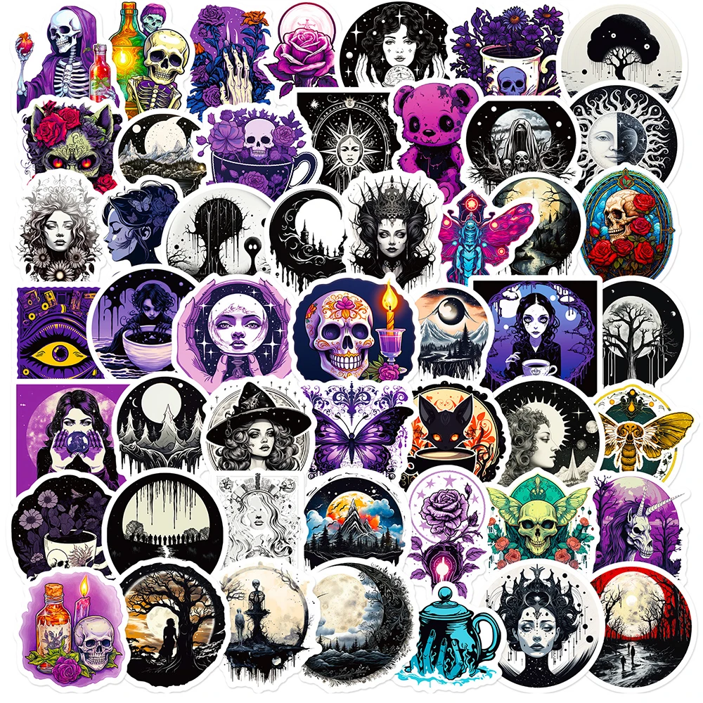 

10/30/50pcs Purple Horror Gothic Skull Stickers Cool Sun Moon Graffiti Sticker Laptop Skateboard Bike Window Halloween Toy Decal