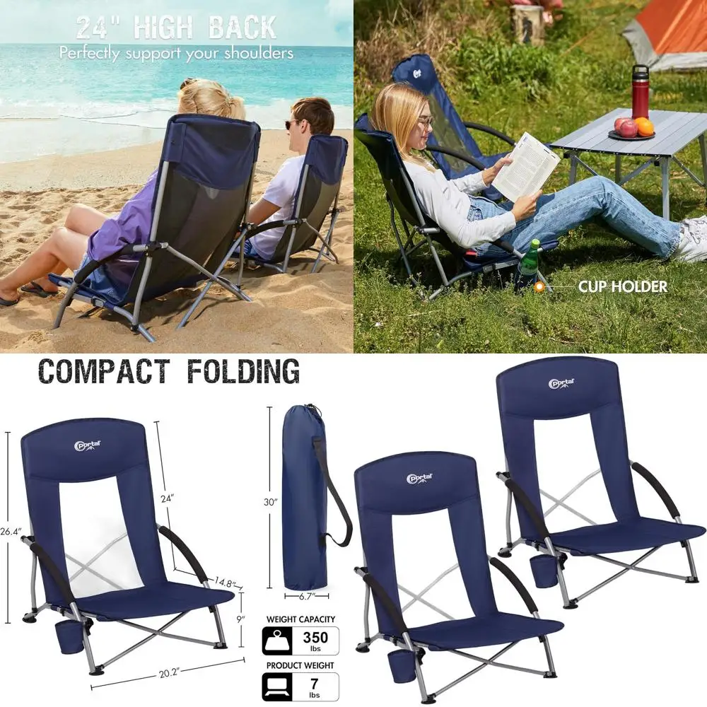 

Beach Chairs for Adults Camping Low Lightweight Portable Chair with Cup Holder Mesh Back Carry Bag for Outdoor Sand Lawn Travel