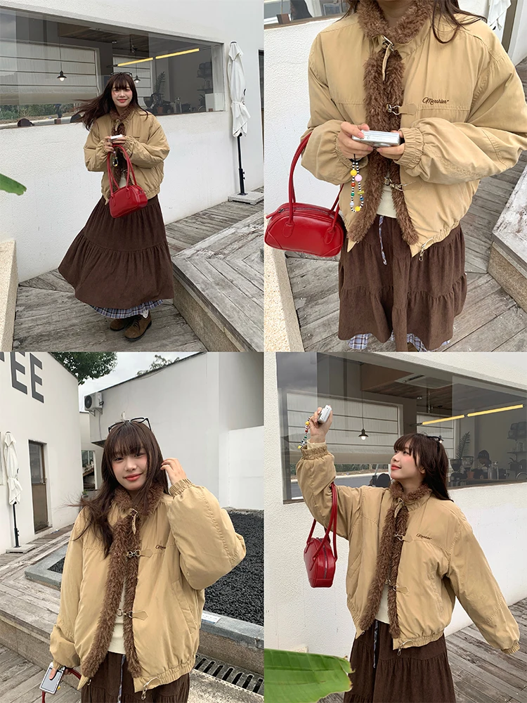 

NIDEBLA Корейское теплое повседневное свободное хлопковое пальто в стиле колледж с отделкой из овечьего меха