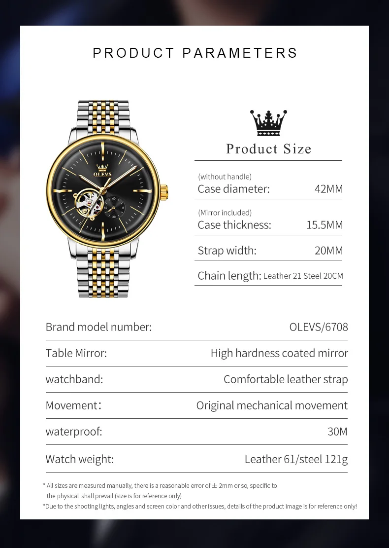 OLEVS 6708 남성용 시계 오리지널 아치형 글라스 속이 빈 기계식 남성용 시계 방수 미니멀리스트 럭셔리 오토매틱 시계