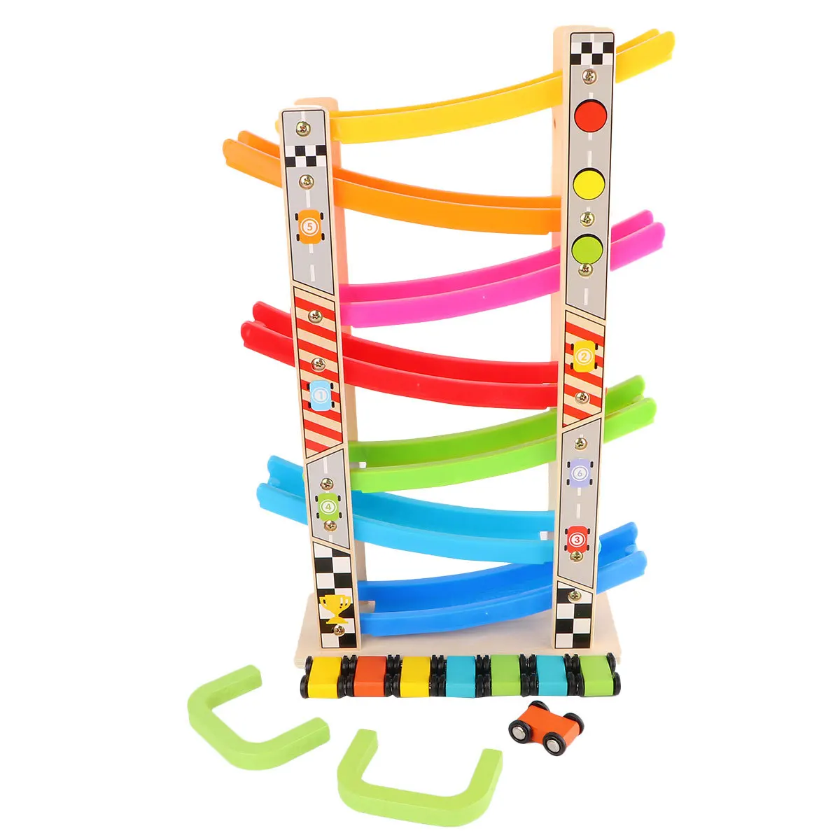 

1Set Wooden Gliding Car Inertia Educational Racing Track Cartoon Pattern Safe Round Corner Durable Wooden Ramp Race Track