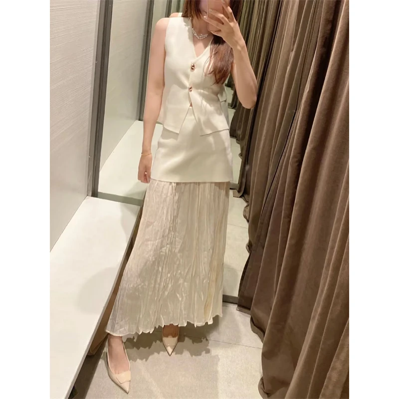 KEYANKETIAN 2025 Nowa damska dzianinowa patchworkowa plisowana spódnica MIDI Elegancka modna spódnica w kształcie litery A z wysokim stanem, wyszczuplająca, długa, z bocznym zamkiem błyskawicznym