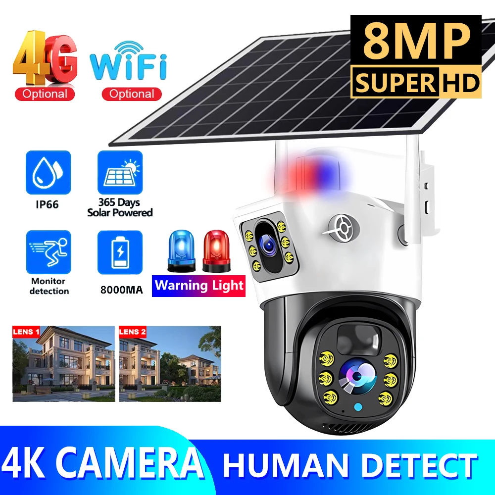 

Outdoor Wifi Surveillance Camera Solar Panel Power Home Security Cameras Waterproof HD 4K 4G IP CCTV Wireless AI Human Detection