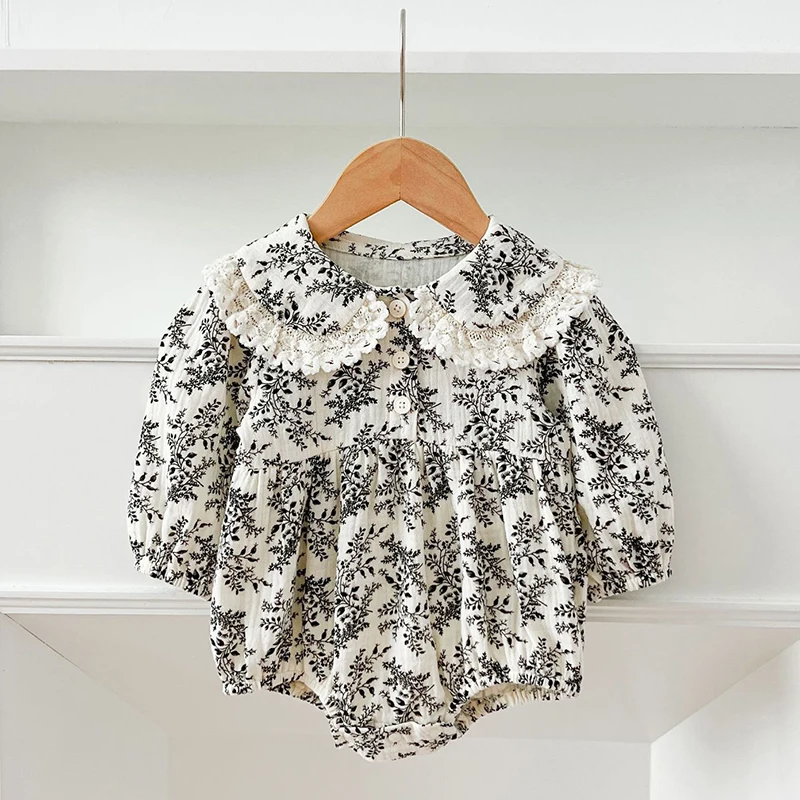 0-24M Baby Mädchen Floral Overall Volle Hülse Spitze Prinzessin Strampler Revers Vintage Stil Neugeborenen Kinder Casual Overall baby Overall