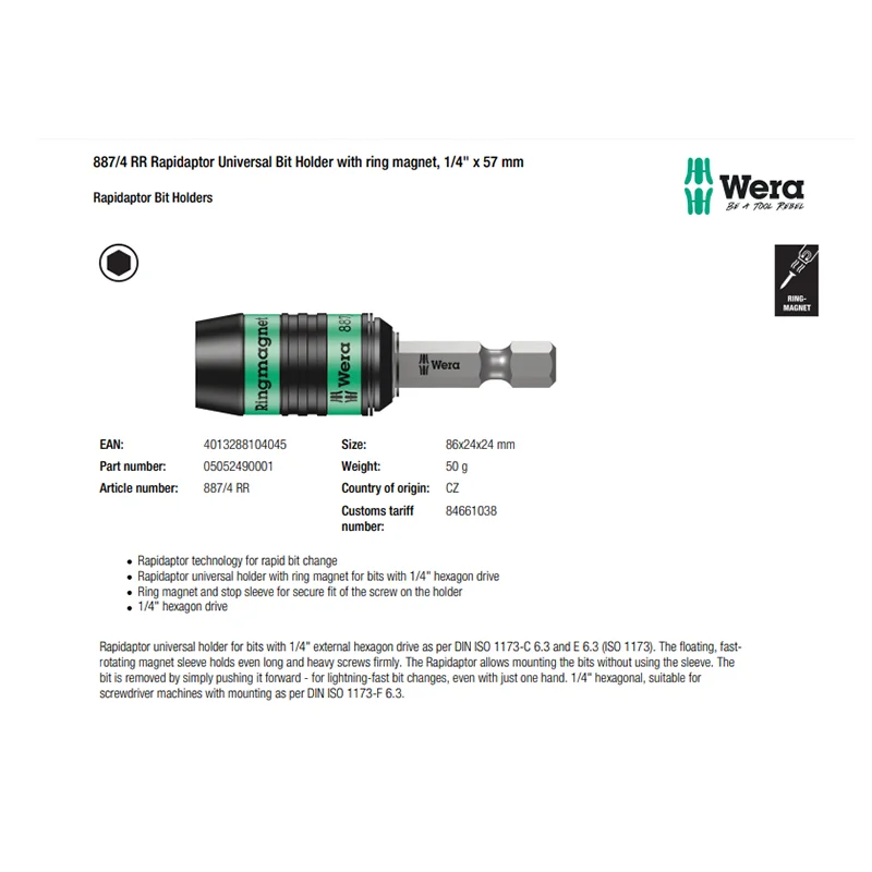 WERA 05052490001 887/4 RR Rapidaptor Universal Bit Holder with Ring Magnet 86mm Length 50Grams High Quality Extend Service Life