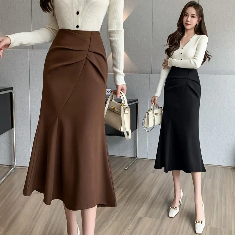 

Fishtail Skirt 2023 New Autumn/Winter High Waist Slim Fold French Commuter Wrap Hip Mid Length Half Length Skirts For Women