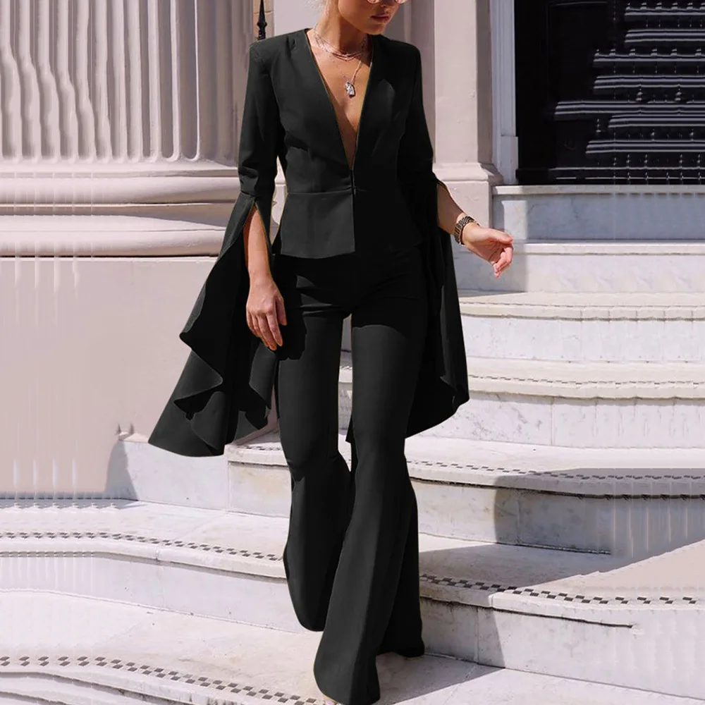 

2024 Spring New Goddess Style Fashionable Suit Coat Top High Waist Flare Pants Two Piece Set For Women