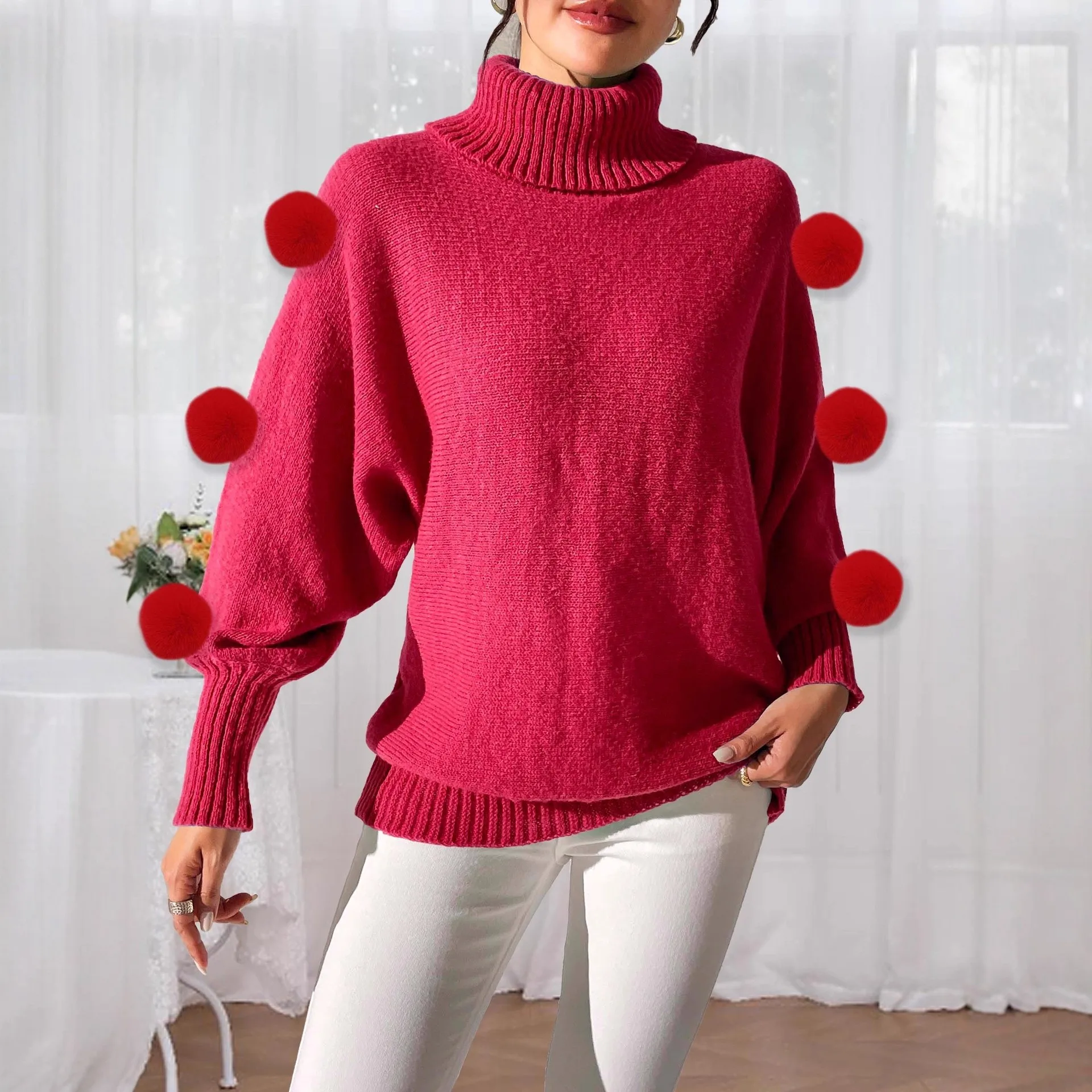 

Ladies High Collar Batwing Sve Sweater Red Ball Splicing Base irt Street Sle Long Sve Winter Faion Women's Knitwear