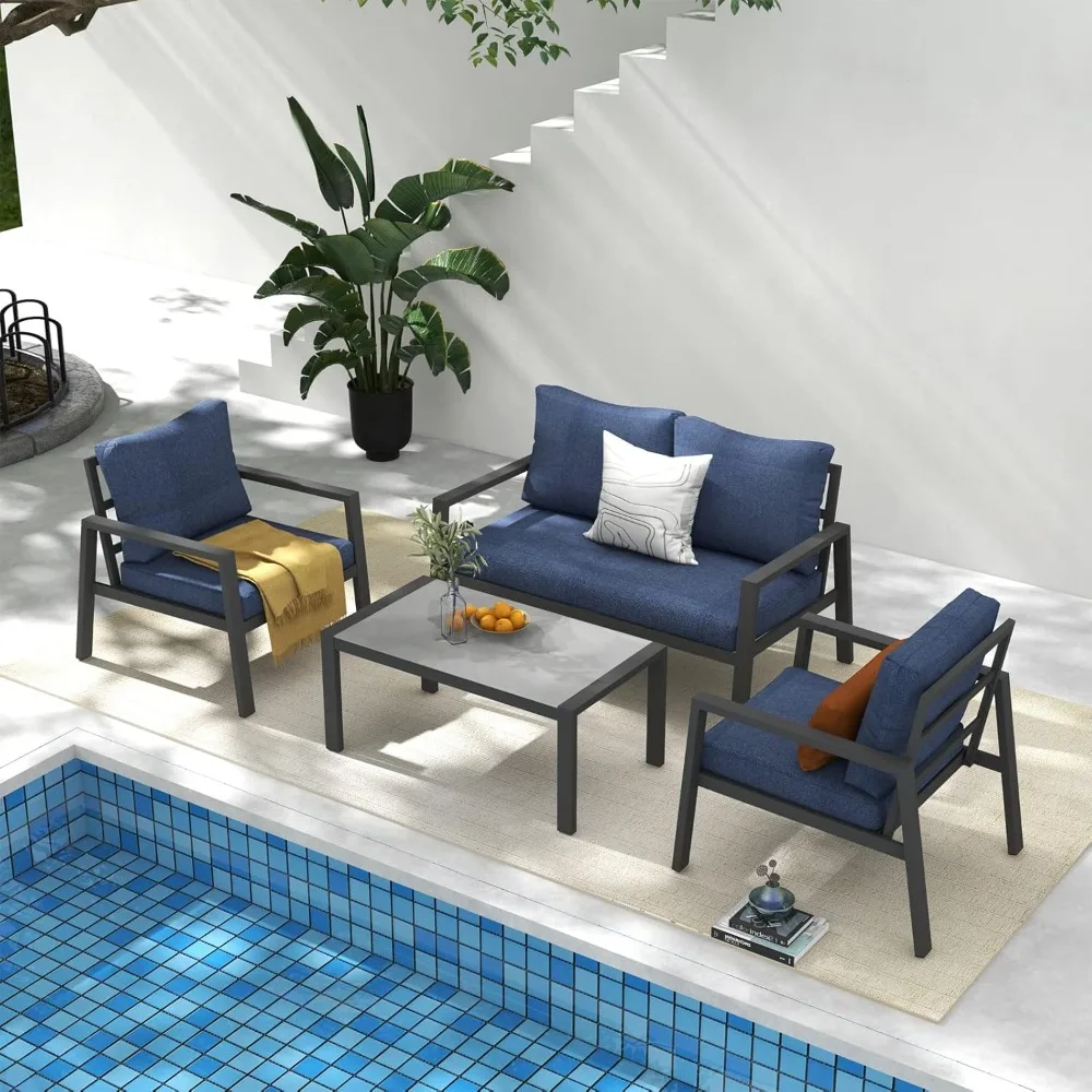 4 pieces of aluminium outdoor patio furniture, detachable cushioned sofa set, tempered glass countertop coffee table