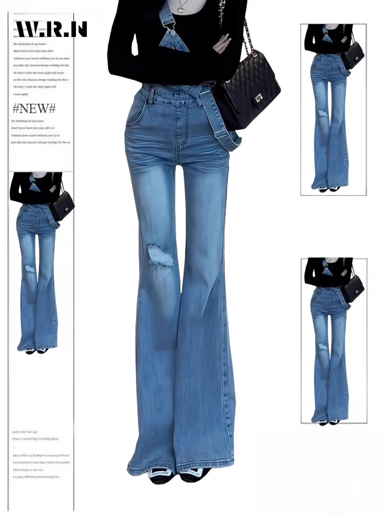 

Aesthetic Ripped Street Slim Fit High Waisted Jeans 2025 Spring Women's Y2K Vintage Sheath Pants Hotsweet Blue Denim Trouser