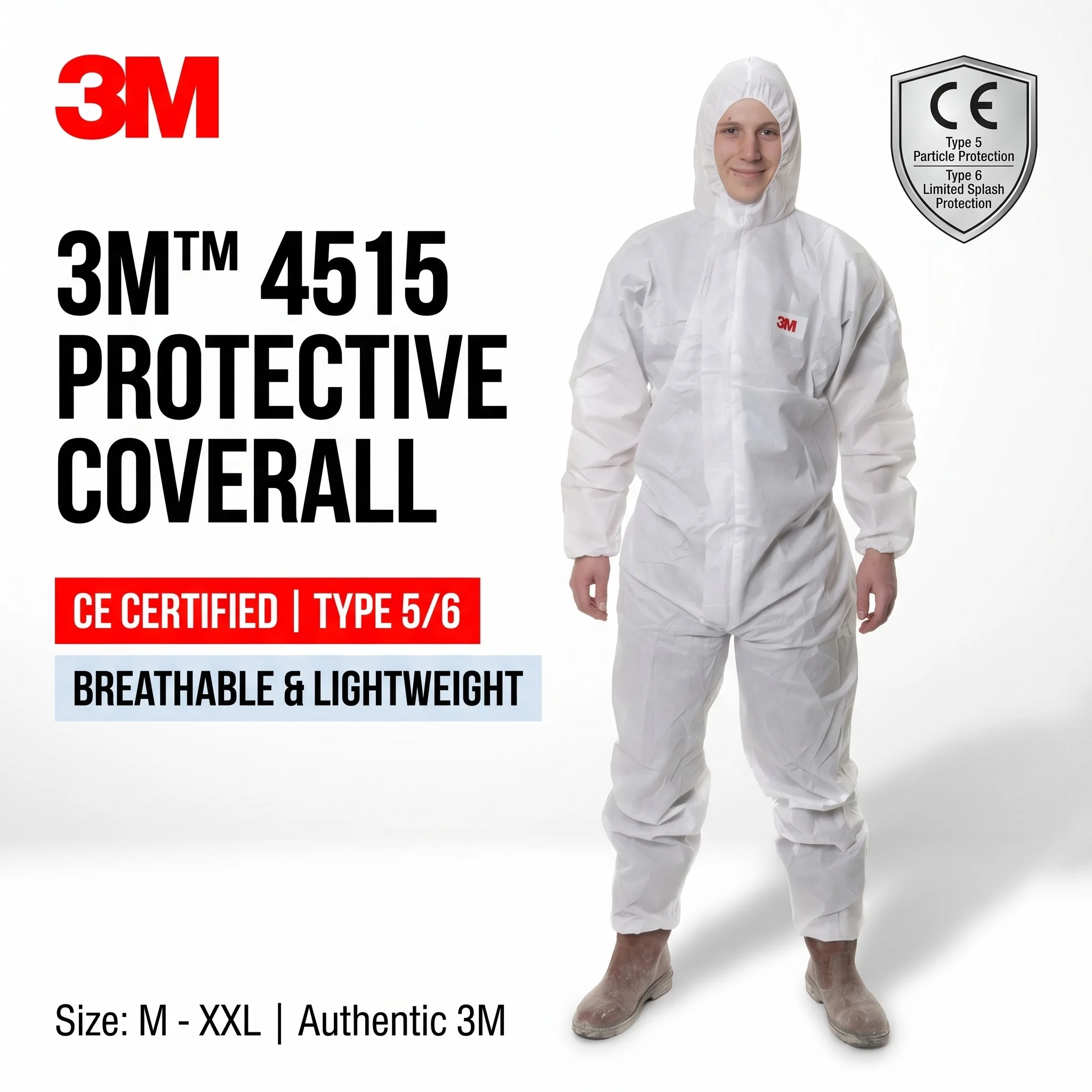 3M 4515 Disposable Coveralls Hazmat Suit Protective Workwear Dust-Proof Type 5/6 Safety Body Suit with Hood for Spray Painting